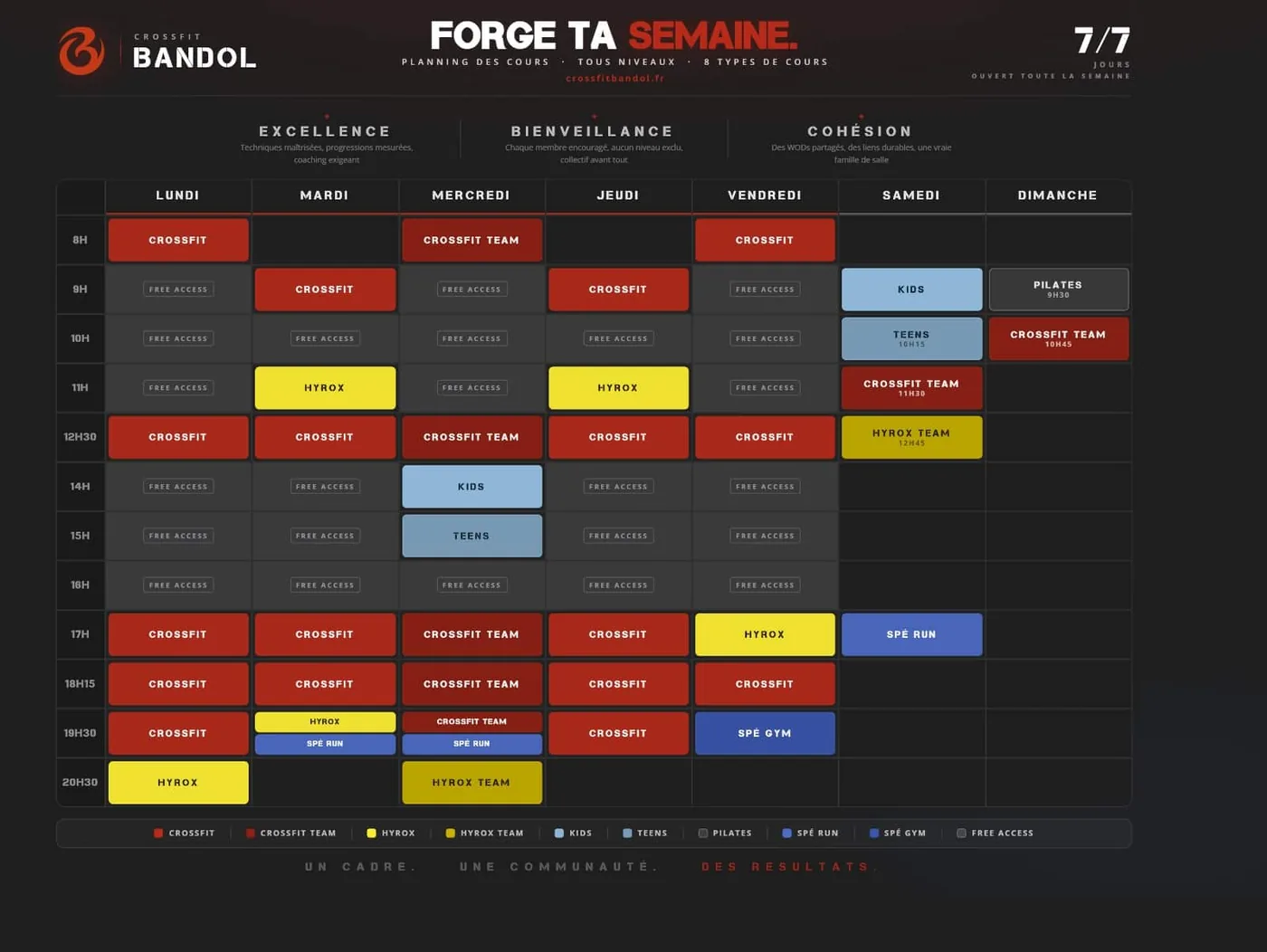 Planning hebdomadaire des cours CrossFit Bandol